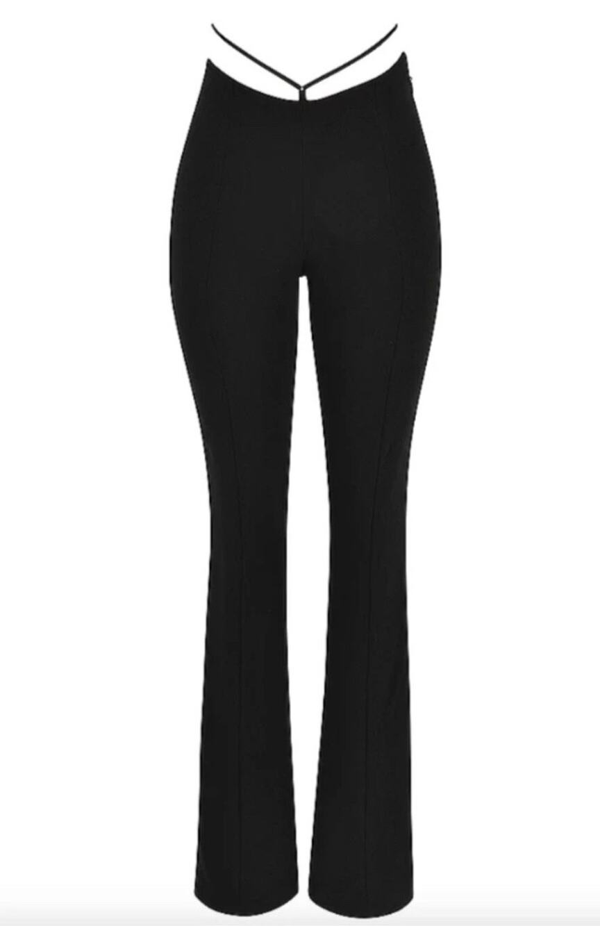 HOUSE OF CB Layla black v front pants trousers straight leg crepe sz M straps